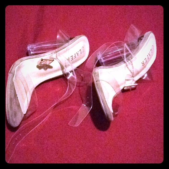Translucent, nude lucite strappy heels with buckle - Picture 1 of 3